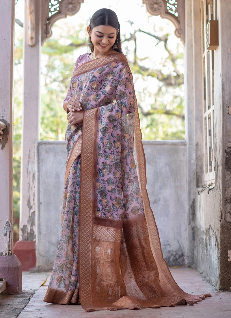 Gajri Pink Tussar Silk Printed Work Saree After Six Wear 3 Gajri Pink Tussar Silk Printed Work Saree After Six Wear - Image 3