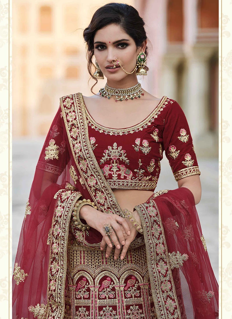 Garnet Maroon Velvet Embroidered N Stones A Line Lehenga Wedding Wear 4 Garnet Maroon Velvet Embroidered N Stones A Line Lehenga Wedding Wear - Image 4