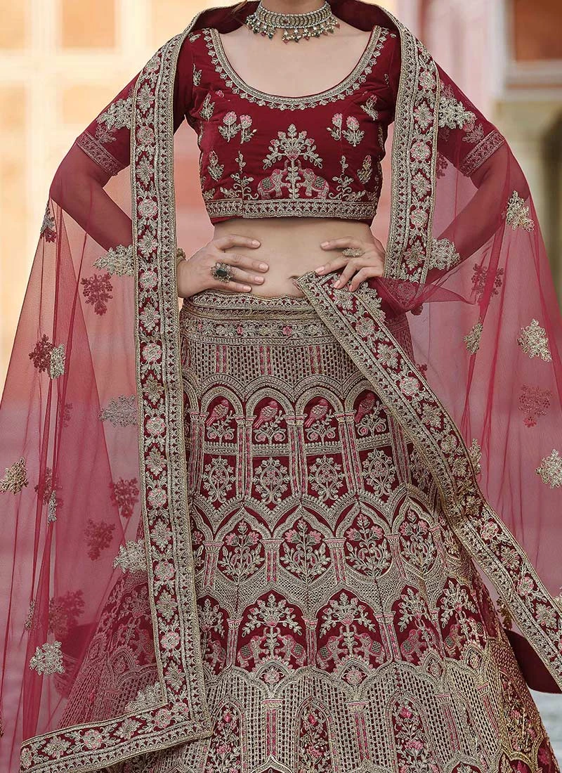 Garnet Maroon Velvet Embroidered N Stones A Line Lehenga Wedding Wear 1 Garnet Maroon Velvet Embroidered N Stones A Line Lehenga Wedding Wear