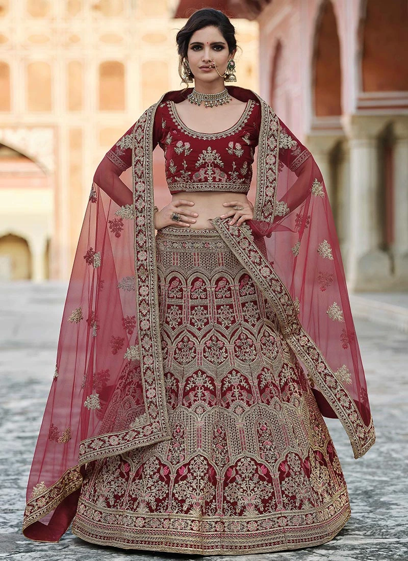 Garnet Maroon Velvet Embroidered N Stones A Line Lehenga Wedding Wear 3 Garnet Maroon Velvet Embroidered N Stones A Line Lehenga Wedding Wear - Image 3