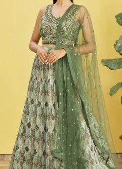 Geen Chinon Embroidered Printed Umbrella Lehenga Party Wear