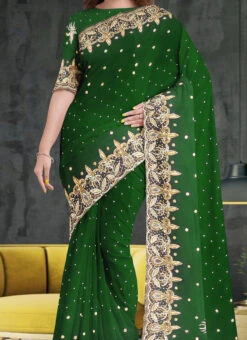 Georgette Green Color Hand EmbroideredStone Work Saree Party Wear