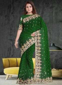 Georgette Green Color Hand EmbroideredStone Work Saree Party Wear -C Bazaar Shop georgette green color hand embroideredstone work saree sadsf4959 u