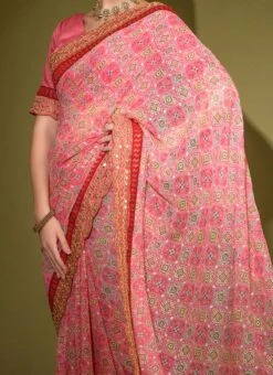 Georgette Pink Color Foil Print Patola With Embroidered Work Border Saree Party Wear