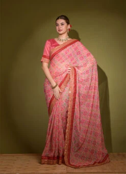Georgette Pink Color Foil Print Patola With Embroidered Work Border Saree Party Wear -C Bazaar Shop georgette pink color foil print patola with embroidered work border saree sasacw1657 u