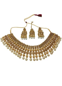 Gold Alloy Kundan Necklace Set With Earrings N Mangtika Party Wear -C Bazaar Shop gold alloy kundan necklace set with earrings n mangtika jysmvd10856 b