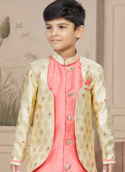 Gold Art Silk Embroidered Indowestern Sherwani For Boys Festive Wear 5 Gold Art Silk Embroidered Indowestern Sherwani For Boys Festive Wear -C Bazaar Shop gold art silk embroidered indowestern sherwani for boys kdbmsgr589 b