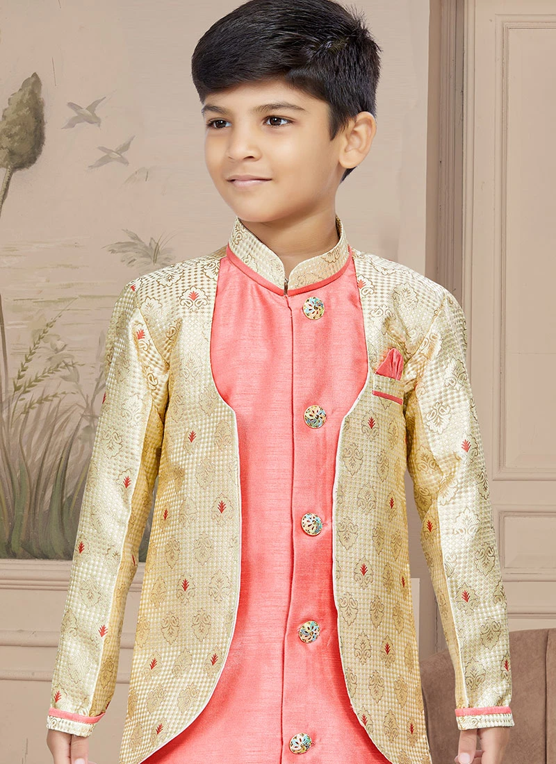 Gold Art Silk Embroidered Indowestern Sherwani For Boys Festive Wear 3 Gold Art Silk Embroidered Indowestern Sherwani For Boys Festive Wear - Image 3