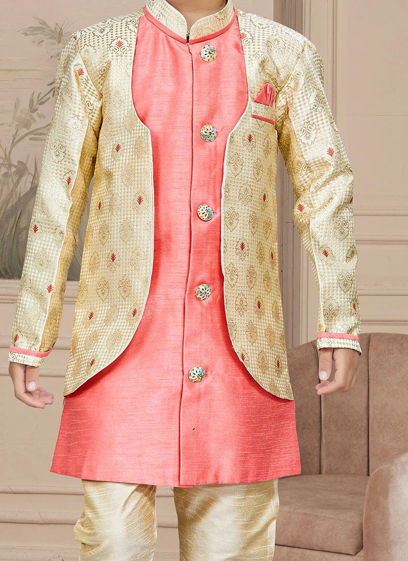 Gold Art Silk Embroidered Indowestern Sherwani For Boys Festive Wear 1 Gold Art Silk Embroidered Indowestern Sherwani For Boys Festive Wear