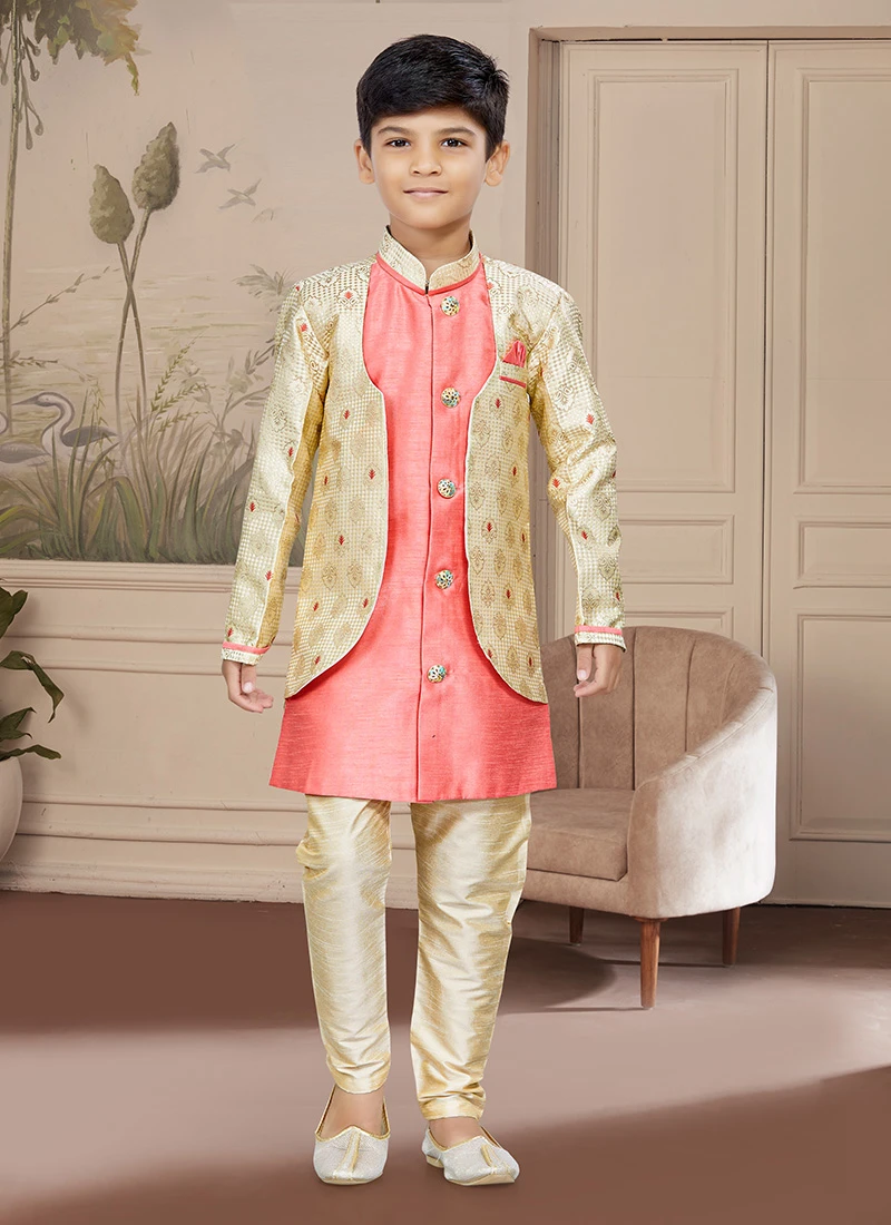 Gold Art Silk Embroidered Indowestern Sherwani For Boys Festive Wear 2 Gold Art Silk Embroidered Indowestern Sherwani For Boys Festive Wear - Image 2