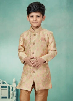 Gold Art Silk Jacquard Indowestern Sherwani Party Wear 5 Gold Art Silk Jacquard Indowestern Sherwani Party Wear -C Bazaar Shop gold art silk jacquard indowestern sherwani kdbmsgrk539 b