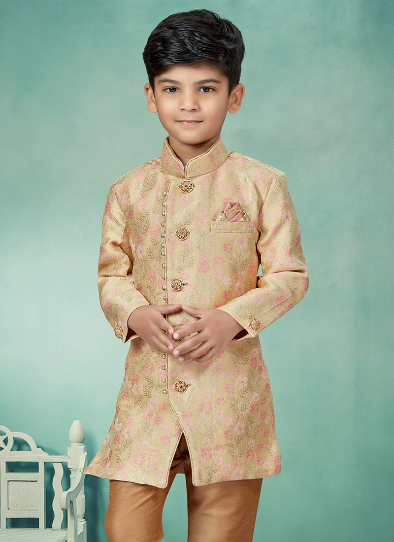 Gold Art Silk Jacquard Indowestern Sherwani Party Wear 3 Gold Art Silk Jacquard Indowestern Sherwani Party Wear - Image 3