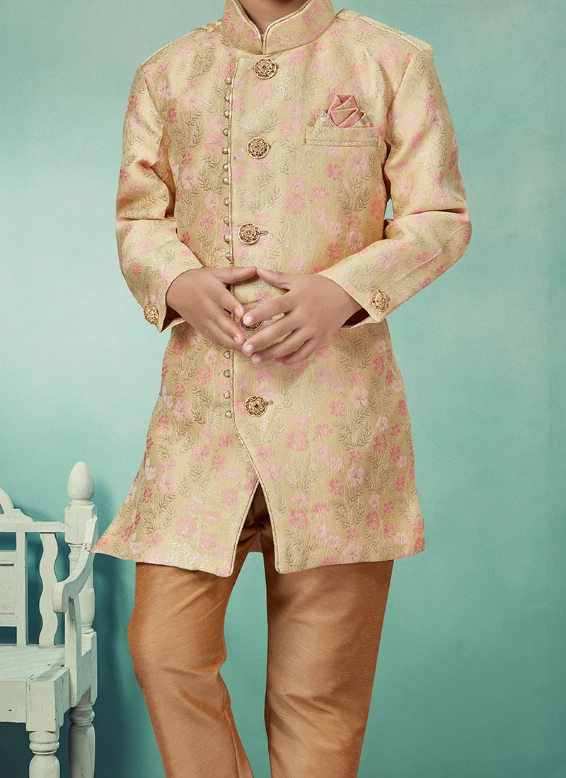 Gold Art Silk Jacquard Indowestern Sherwani Party Wear 1 Gold Art Silk Jacquard Indowestern Sherwani Party Wear