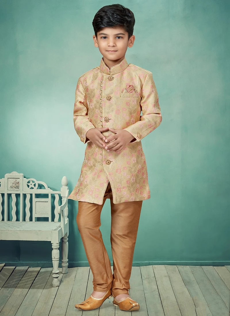 Gold Art Silk Jacquard Indowestern Sherwani Party Wear 2 Gold Art Silk Jacquard Indowestern Sherwani Party Wear - Image 2