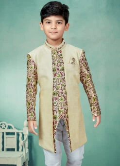 Gold Art Silk Printed Indowestern Sherwani Party Wear -C Bazaar Shop gold art silk printed indowestern sherwani kdbmsgrk581 b