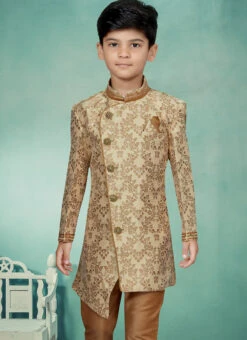 Gold Banarasi Silk Jacquard Indowestern Sherwani Party Wear -C Bazaar Shop gold banarasi silk jacquard indowestern sherwani kdbmsgrk551 b