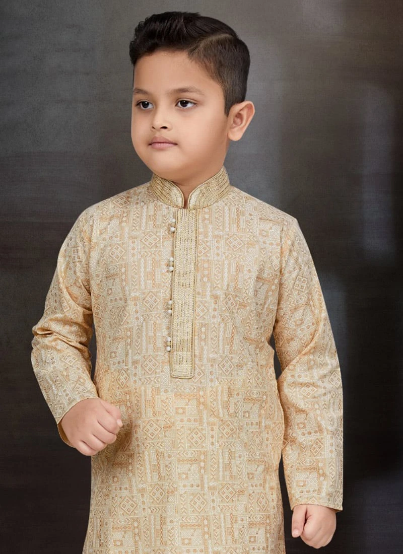 Gold Blended Cotton Printed Kids Boys Kurta Pyjama Festive Wear 3 Gold Blended Cotton Printed Kids Boys Kurta Pyjama Festive Wear - Image 3