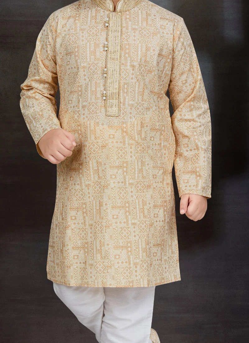 Gold Blended Cotton Printed Kids Boys Kurta Pyjama Festive Wear 1 Gold Blended Cotton Printed Kids Boys Kurta Pyjama Festive Wear