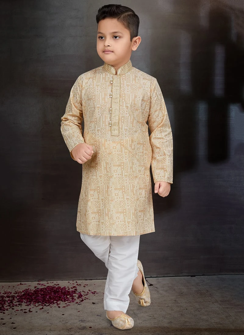 Gold Blended Cotton Printed Kids Boys Kurta Pyjama Festive Wear 2 Gold Blended Cotton Printed Kids Boys Kurta Pyjama Festive Wear - Image 2