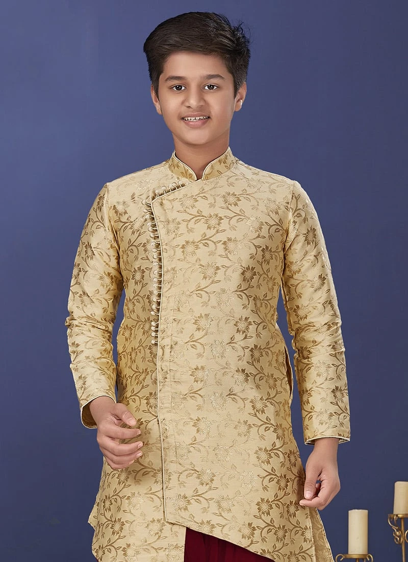 Gold Heavy Silk Boys Indowestern Sherwani Party Wear 3 Gold Heavy Silk Boys Indowestern Sherwani Party Wear - Image 3