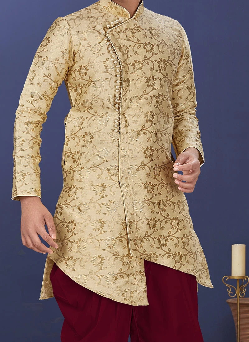 Gold Heavy Silk Boys Indowestern Sherwani Party Wear 1 Gold Heavy Silk Boys Indowestern Sherwani Party Wear