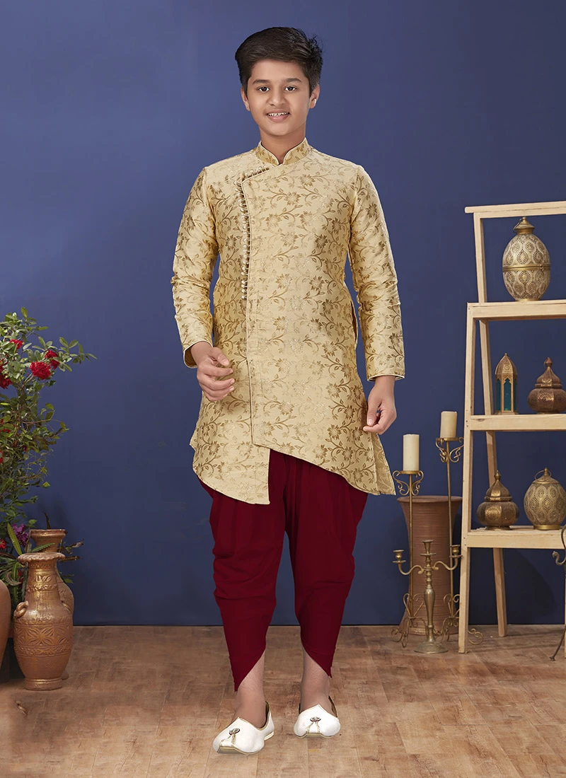 Gold Heavy Silk Boys Indowestern Sherwani Party Wear 2 Gold Heavy Silk Boys Indowestern Sherwani Party Wear - Image 2