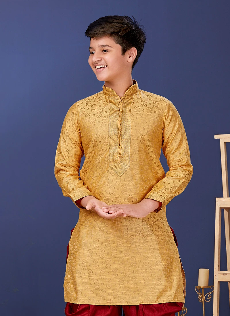 Gold Jacquard Silk Kurta Pyjama 3 Gold Jacquard Silk Kurta Pyjama - Image 3