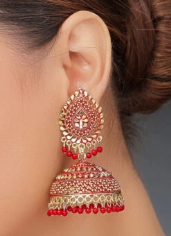 Gold N Red Jhumka Earrings Festive Wear