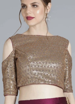 Gold Sequins Cold Shoulder Blouse Party Wear -C Bazaar Shop gold sequins cold shoulder blouse BLBS02209601 b