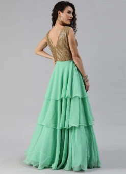 Gold Sequins Embroidered V Neck Gown Party Wear -C Bazaar Shop gold sequins embroidered v neck gown IWBS02001204 b