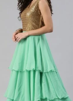 Gold Sequins Embroidered V Neck Gown Party Wear