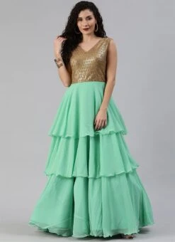 Gold Sequins Embroidered V Neck Gown Party Wear -C Bazaar Shop gold sequins embroidered v neck gown IWBS02001204 u