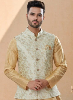 Gold Silk Dupion Jacquard Bandi Set Party Wear -C Bazaar Shop gold silk dupion jacquard bandi set kpmsgr1248 b