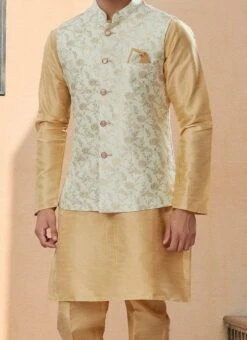 Gold Silk Dupion Jacquard Bandi Set Party Wear