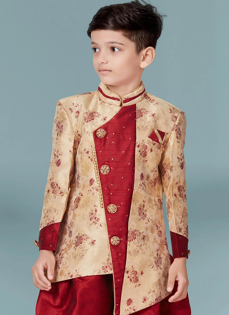 Gold Silk Jacquard Indowestern Sherwani Party Wear 3 Gold Silk Jacquard Indowestern Sherwani Party Wear - Image 3