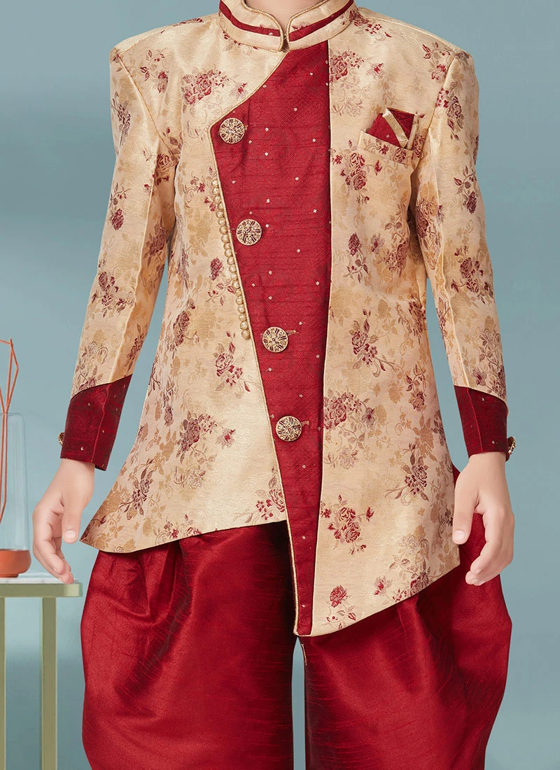 Gold Silk Jacquard Indowestern Sherwani Party Wear 1 Gold Silk Jacquard Indowestern Sherwani Party Wear