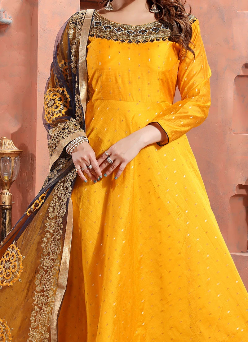 Golden Art Silk Embroidered Gown Party Wear 1 Golden Art Silk Embroidered Gown Party Wear