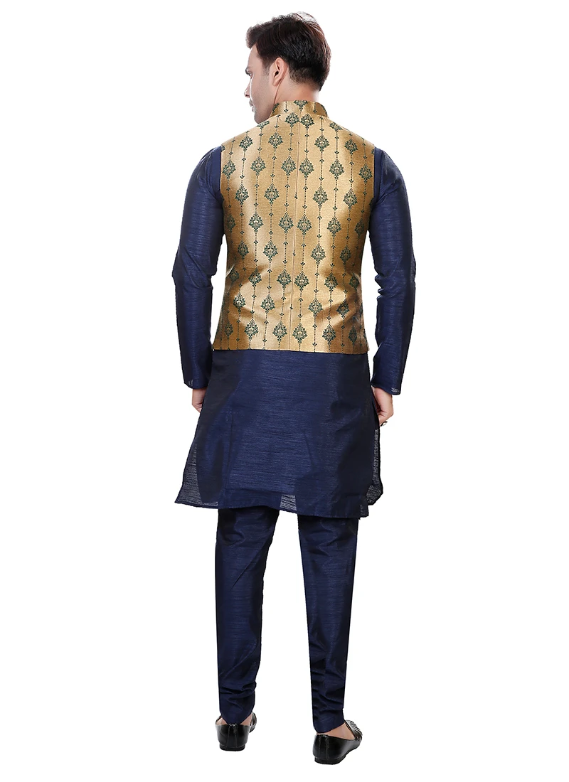 Golden Art Silk Jacquard Bandhgala Jacket 3 Golden Art Silk Jacquard Bandhgala Jacket - Image 3