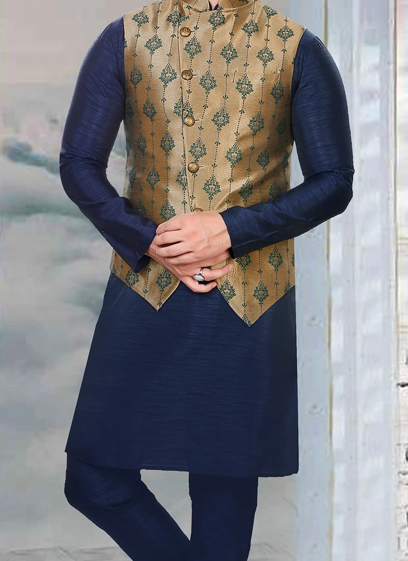 Golden Art Silk Jacquard Bandhgala Jacket 1 Golden Art Silk Jacquard Bandhgala Jacket