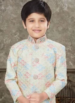 Golden Art Silk Jacquard Indowestern Sherwani Party Wear 5 Golden Art Silk Jacquard Indowestern Sherwani Party Wear -C Bazaar Shop golden art silk jacquard indowestern sherwani kdbsgr630 b