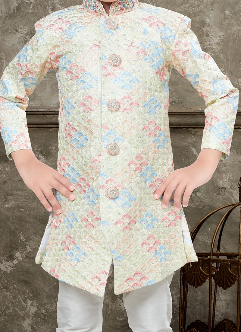 Golden Art Silk Jacquard Indowestern Sherwani Party Wear 1 Golden Art Silk Jacquard Indowestern Sherwani Party Wear