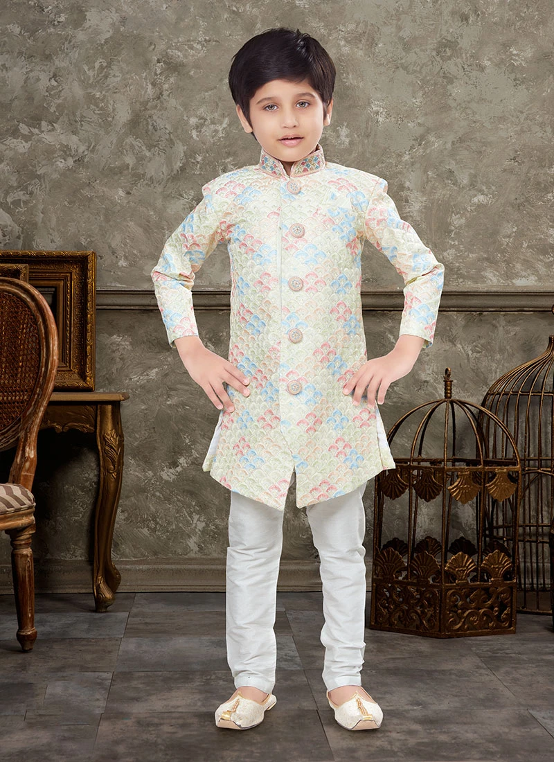 Golden Art Silk Jacquard Indowestern Sherwani Party Wear 2 Golden Art Silk Jacquard Indowestern Sherwani Party Wear - Image 2