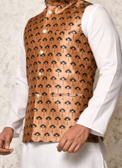 Golden Art Silk Printed Nehru Jacket
