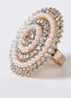 Golden Brass Pearl And Stones Ring Party Wear