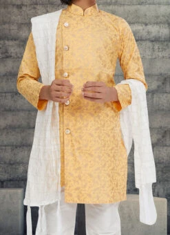 Golden Cotton Kids Boys Indowestern Sherwani Festive Wear