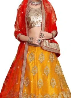 Golden Mustard Art Silk Embroidered A Line Lehenga Party Wear