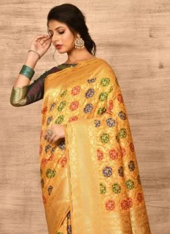 Golden Mustard Banarasi Katan Zari Weaving Saree Festive Wear -C Bazaar Shop golden mustard benarasi katan zari weaving saree savns672e b