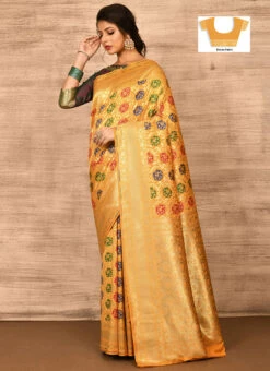 Golden Mustard Banarasi Katan Zari Weaving Saree Festive Wear -C Bazaar Shop golden mustard benarasi katan zari weaving saree savns672e u