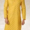 Golden Yellow Handloom Cotton Printed Kurta Pyjama