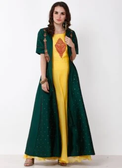Green And Yellow Embroidered Indo Western Dress Party Wear -C Bazaar Shop green and yellow embroidered indo western dress iwddrrwrs455 u